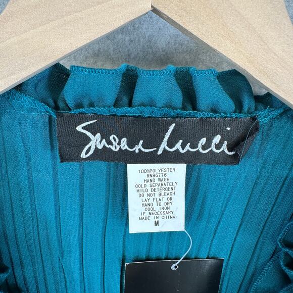Susan Lucci Blouse Top Womens Medium Teal Green 100% Polyester Pleated Ruffled - Picture 7 of 15